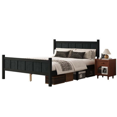 Flat Panel Bed with Headboard & Footboard, Minimalist Modern Platform Bed with Wood Grain Finish, Shaker and Farmhouse Style Design