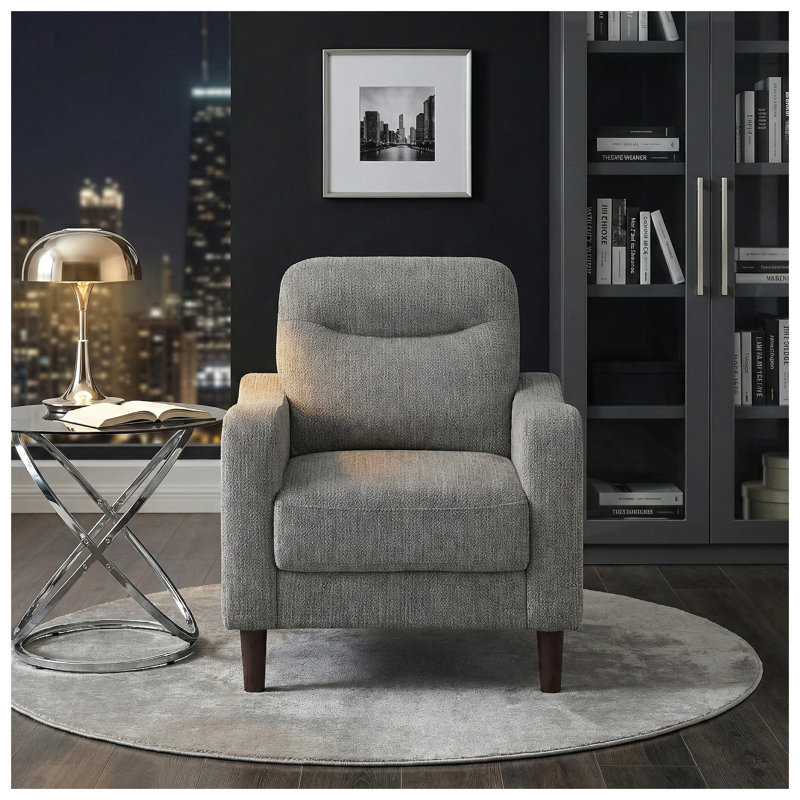 Fauteuil d'appoint moderne en chenille grise avec siège à ressorts ensachés et structure en bois massif