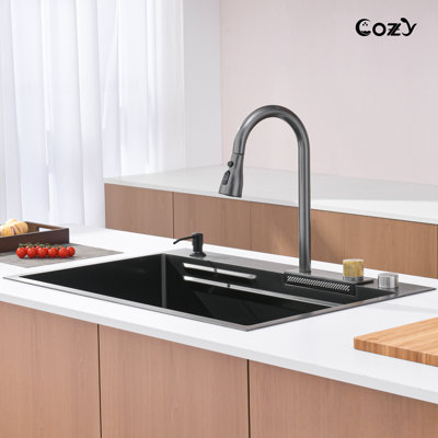 Évier de cuisine en cascade 33 po - Station de travail à simple cuve en acier inoxydable avec robinet de pluie et accessoires