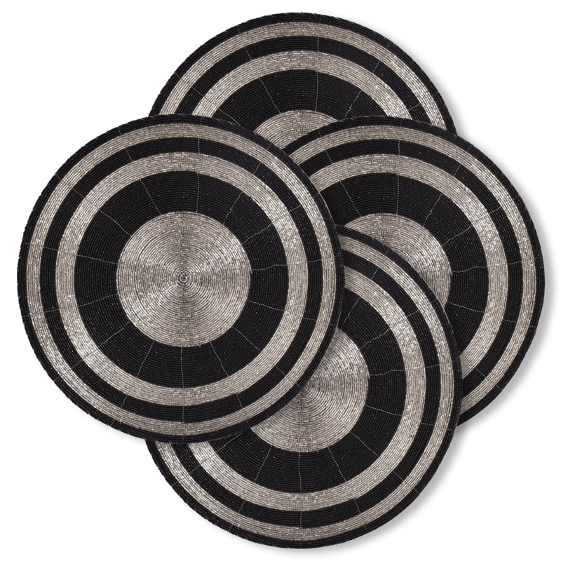 Penman Handmade Round Beaded Placemats Set of 4 – 14-inch Scratch-Resistant Table Decor Christmas Gift, Black Silver