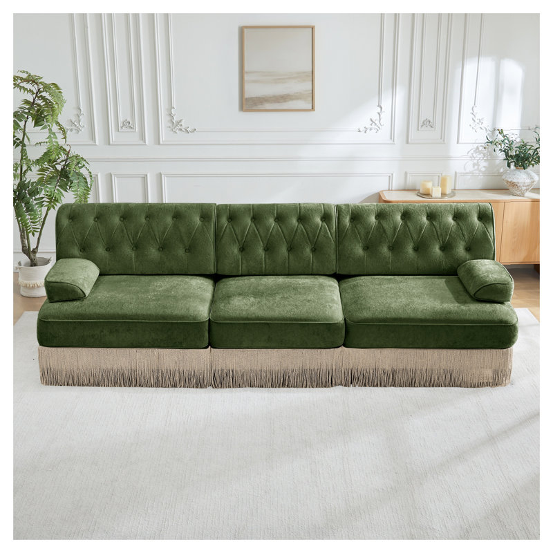 Canapé Chesterfield 3 places en velours vert avec frange de sol et canapé modulaire pour animaux, Vert