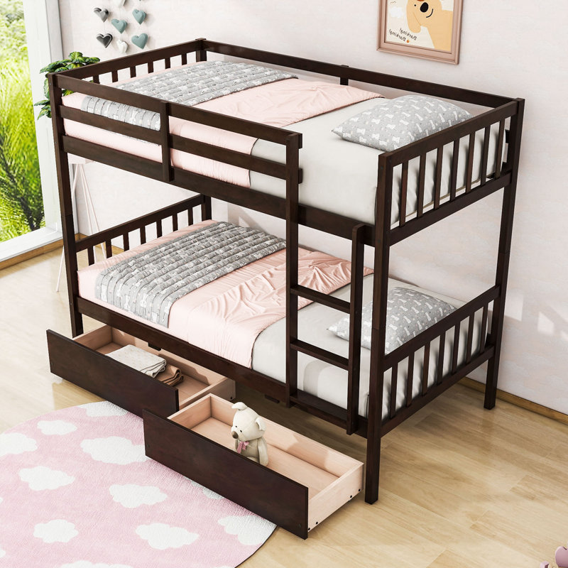 2 Drawers Wooden Bunk Bed with Ladder, Twin Over Twin, Espresso