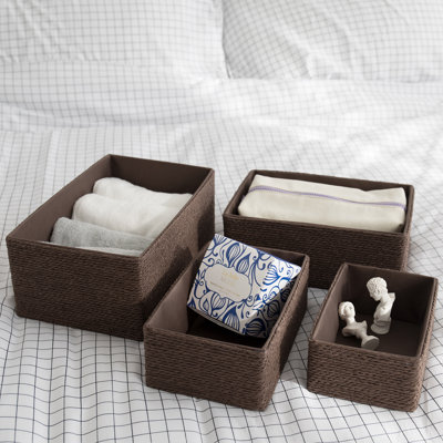 Ensemble de 4 paniers de rangement - Panier en corde de papier tissé empilable, boîtes de rangement pour salle de bain dans la chambre à coucher
