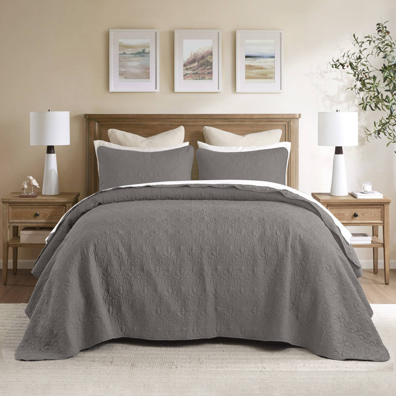 Ensemble de couvre-lit réversible Québec, Couvre-lit de très grande taille et 2 taies déco, Gris foncé