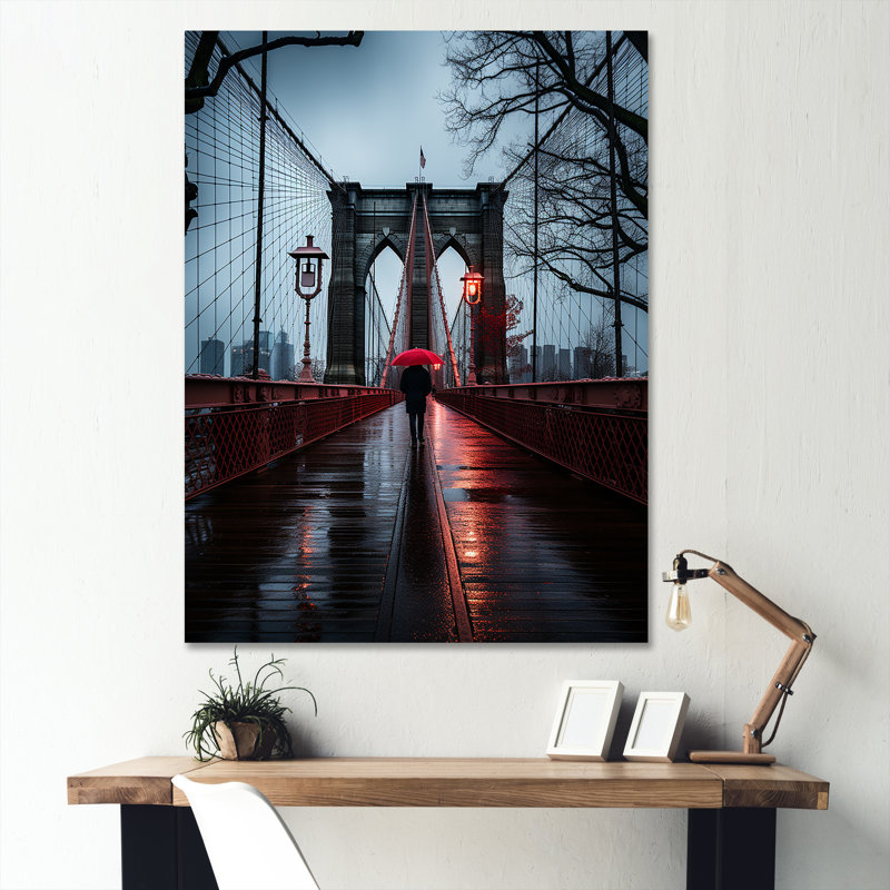 «Leiasia Red Gray New York Brooklyn Bridge I», reproduction sur toile, Toile tendue, H 32 po x l 16 po x P 1 po
