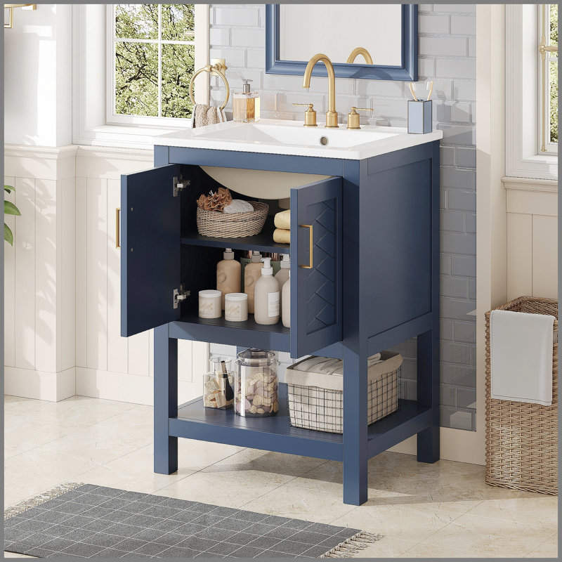 Meuble-lavabo moderne de 24 po au design sergé élégant avec charnières à fermeture en douceur, armoire de salle de bain avec structure ouverte au dos, tablette réglable