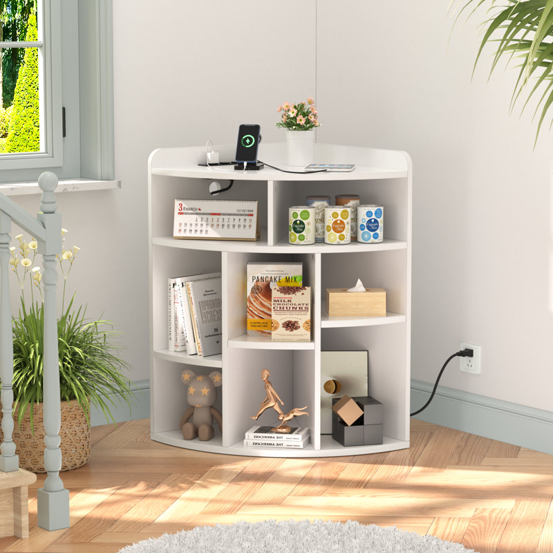 Cayhlin Wooden Corner Cabinet with USB Ports and Outlets, White Corner Storage Cabinet Rack with Charging Station, Corner Bookshelf Bookcase with 8 Cubes, Corner Cube Toy Storage Organizer for Small Space, Playroom, Living Room