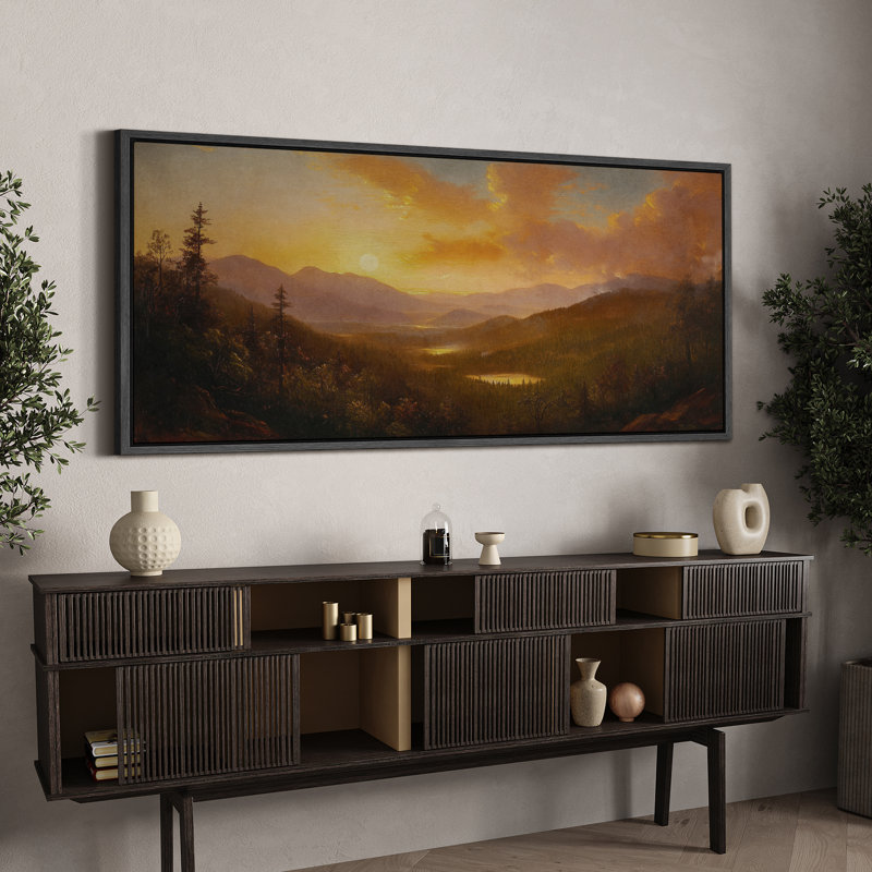 Coucher de soleil sur les montagnes de la vallée, impression sur toile encadrée pour décor de chalet classique, Noir