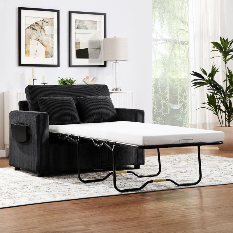 Lit simple de 47,2 po avec surface de couchage rabattable, table d'appoint pliable sur le bras gauche pour les collations, bras de chargement pour accoudoir à droite, petits accessoires de poche, coussins lombaires, espaces en velours côtelé ultra doux, noir