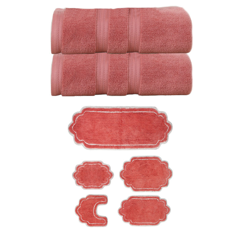Talbert Collection 100% Soft Cotton 2 Pc Bath Towel Set & 5 Pc Bath Rug Set, (Set of 7), Chocolate, Coral