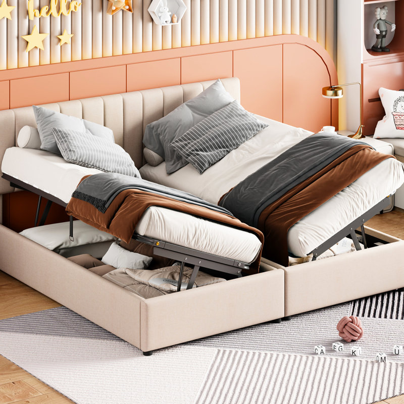 Lit tapissier très grand beige avec rangement hydraulique fonctionnel bien conçu