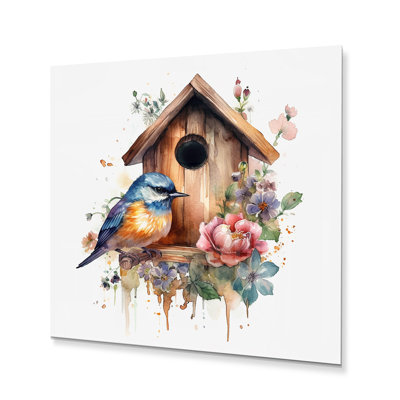 Oiseau sur une cabane à oiseaux - Art mural en métal