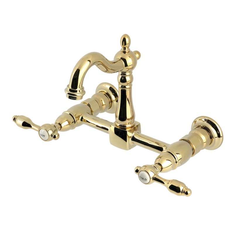 Kingston Brass Tudor Double-Handle 2-Hole Wall-Mount Bridge Kitchen Faucet, Polished Brass