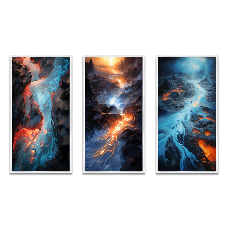 «Wild Blue Lava River In Islande», 3 pièces sur toile, Cadre blanc, H 36 po x l 20 po