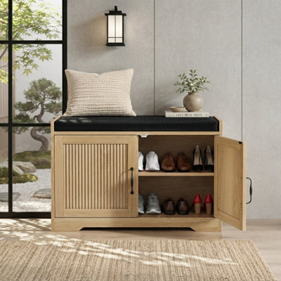 31.5-inch Modern Entryway Shoe Storage Bench with Thickened Cushion, Slatted Double Door Shoe Organizer Cabinet, Moisture-Resistant Accent Bench for Hallway