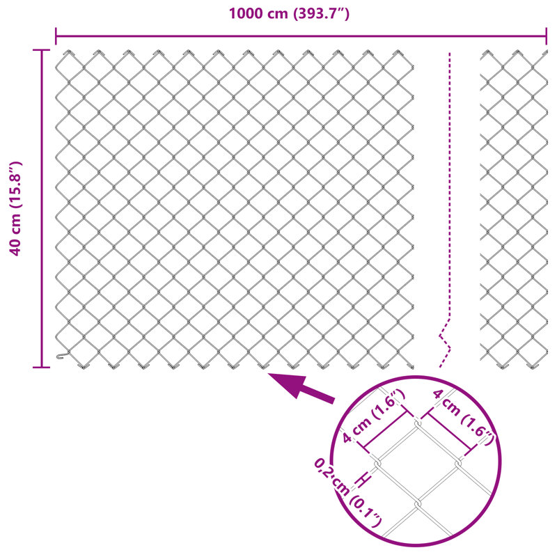 Chain Link Fence Galvanised Steel, 40cm H x 1000cm W, Silver