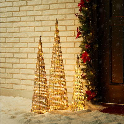 3-Piece Lighted Champagne Gold Cone Tree Set