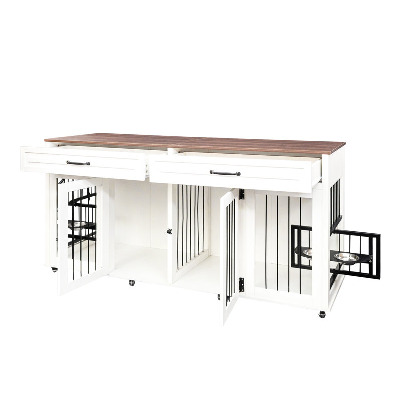 Meuble double cage pour chien - Maison en bois robuste avec tiroirs en noyer blanc et moyen