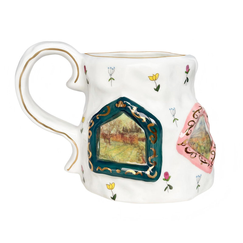Grande grande tasse à café en céramique, jolie tasse à fleurs avec grande poignée, motif de thé mignon (blanc)