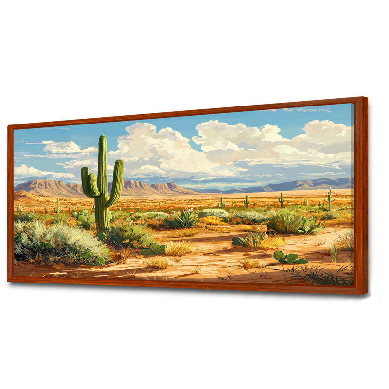 Cactus de Kotick et sables du désert en Arizona I - art mural de cactus pour le salon, H 28 po x l 60 po, Cadre flottant