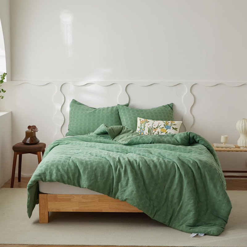 Ensemble d'édredon 100% coton gaufré, Lit simple 1 lit moelleux 1 taie décorative 1 tai, Vert forêt