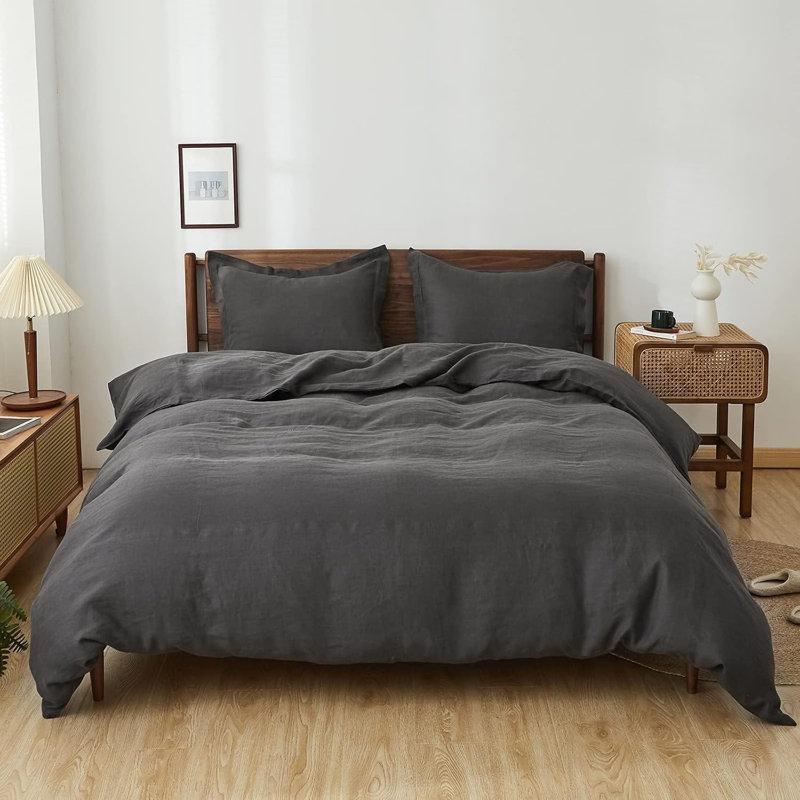 Ensemble de housse de couette 100% lin, Housse de couette très grand + 2 taies d'oreiller, Gris foncé