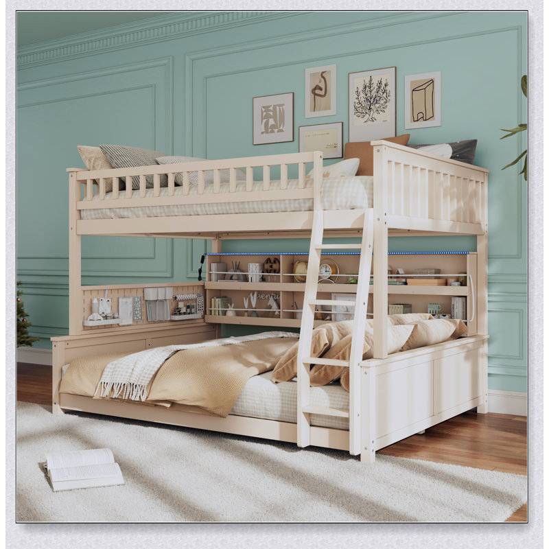 Full XL Over Queen Bunk Bed With Integrated Shelving, Color-Changing Lights And Pegboard, Beige, Full