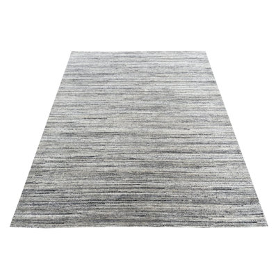 Ivory Hand-Knotted Wool Subtle Linear Textured Geometric Modern Contemporary Carpet Rug