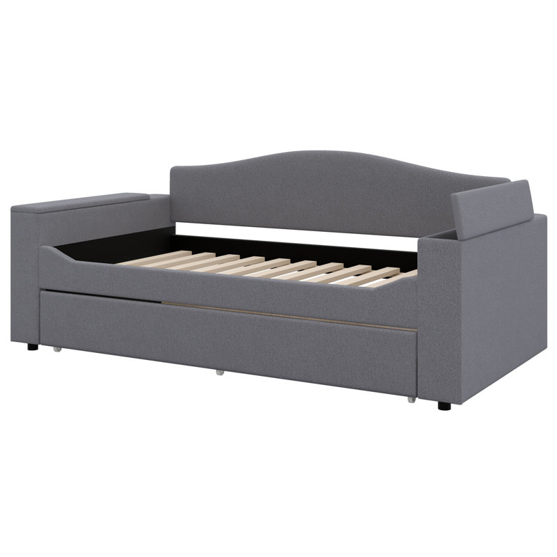 Upholstered Daybed With Storage Armrests, Trundle And Latest Integrated Bluetooth Audio System, Teddy Fleece,, Gray