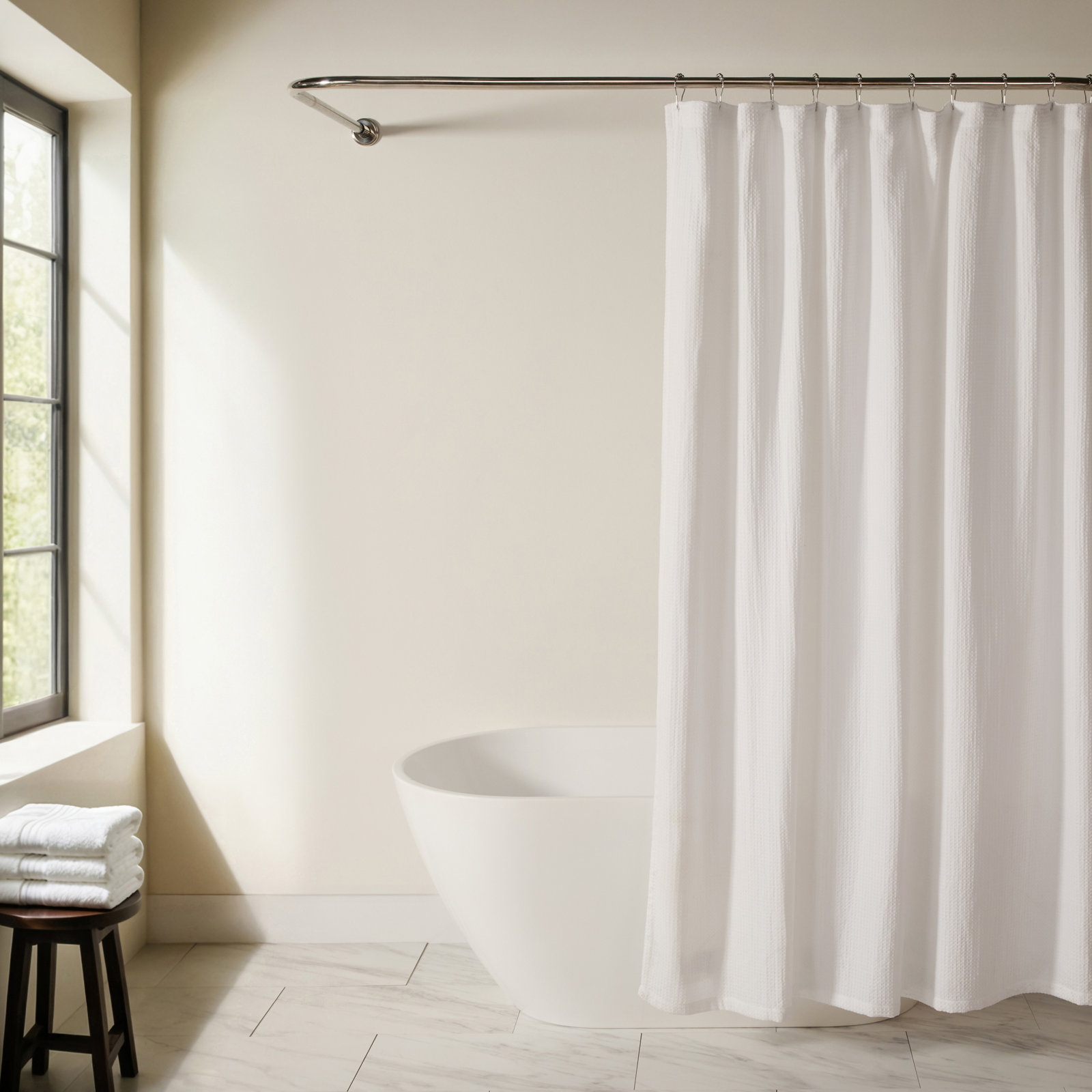 Waffle Textured Cotton Blend Shower Curtain, White