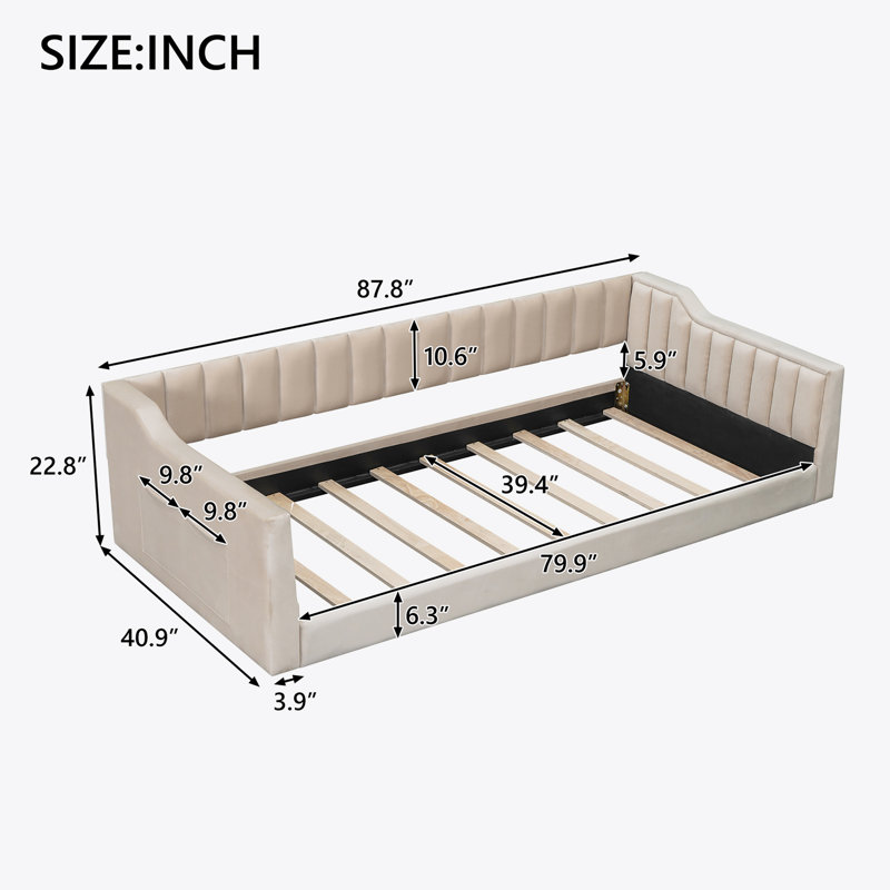 Upholstery Daybed and Side Storage pocket, Beige, Twin