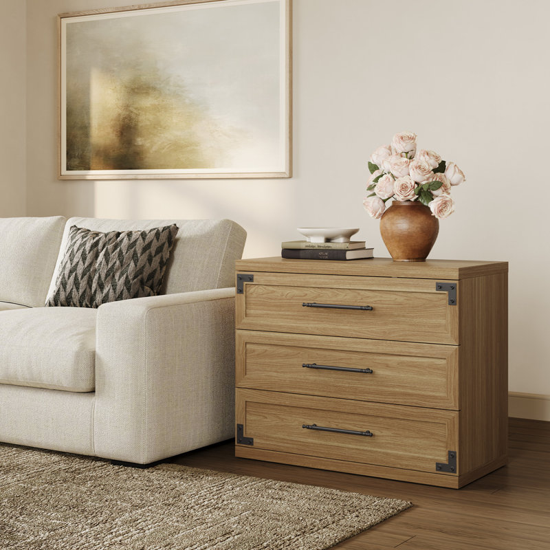 3-Drawer Industrial Wood Nightstand with Metal Handles, Oak Brown