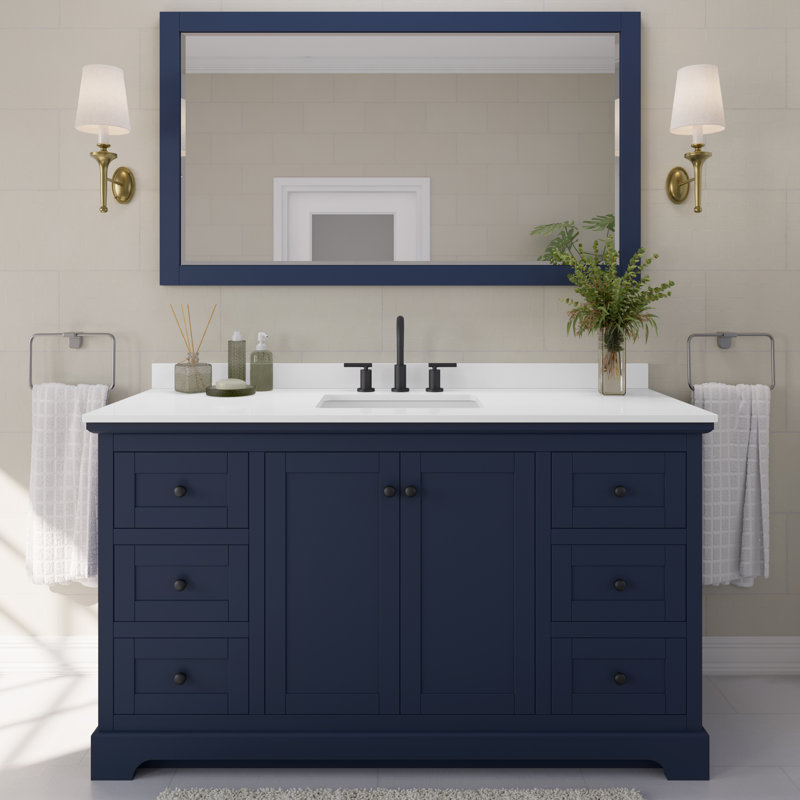 Avery 60'' Single Bathroom Vanity with Quartz Top, White Quartz, Matte Black, Dark Blue
