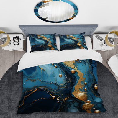 Ensemble de housse de couette abstrait doré et saphir bleu marbré III