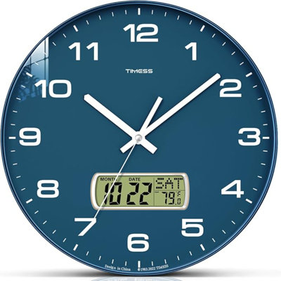 Horloge murale, cadran 12 po, analogique à pile, avec affichage à cristaux liquides pour calendrier perpétuel et température F °, idéal pour une maison moderne, une chambre à coucher, une cuisine, un bureau (bleu)