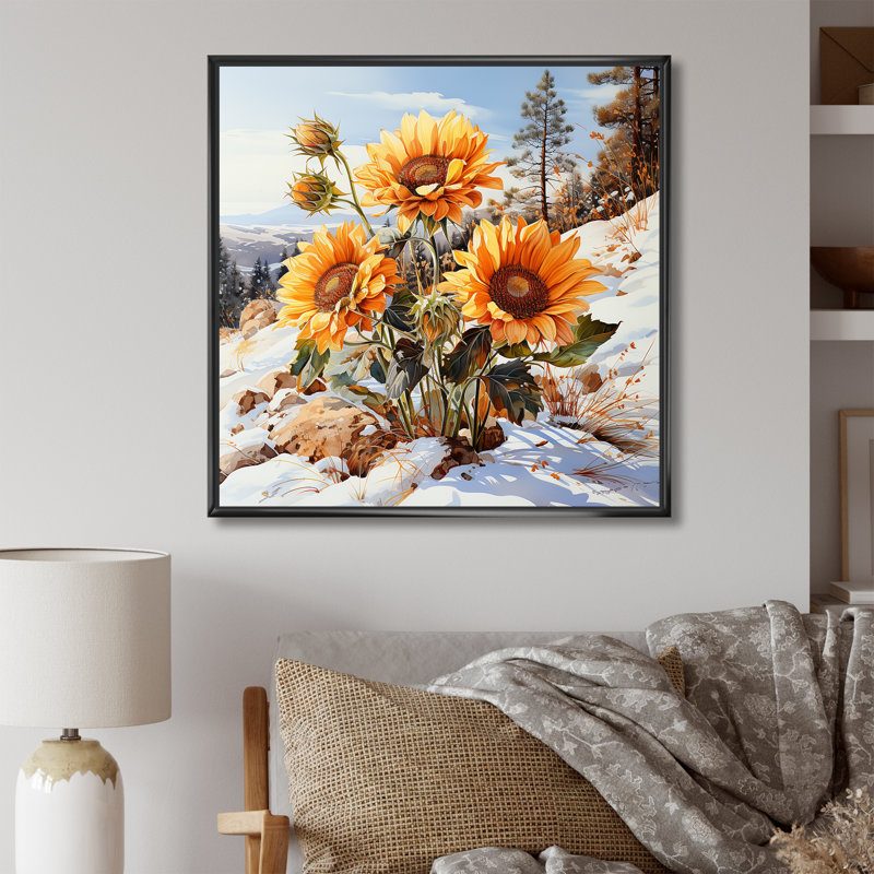Charme de tournesols en hiver - impression, H 30 po x l 30 po x P 1 po, Cadre flottant noir