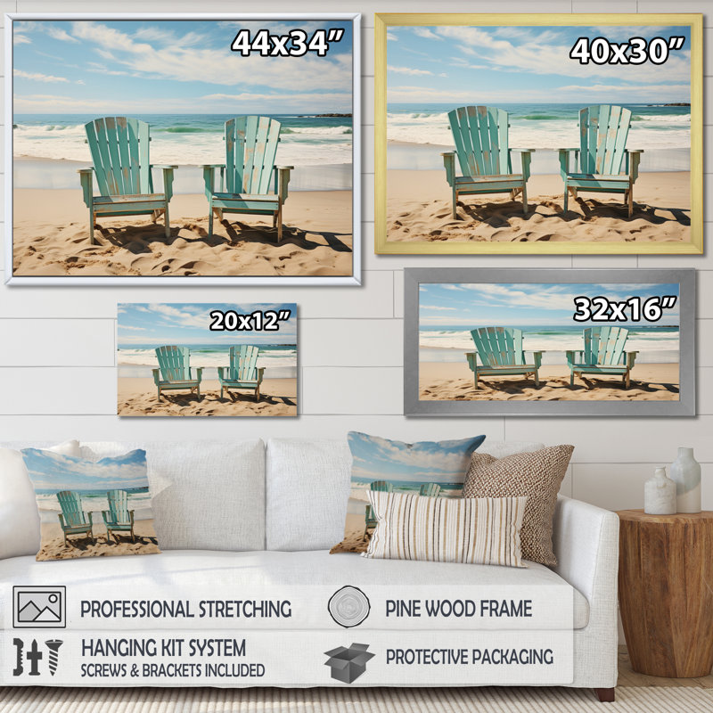 Chaises de plage bleu sarcelle I sur toile, H 16 po x l 32 po x P 1 po, Encadrement doré