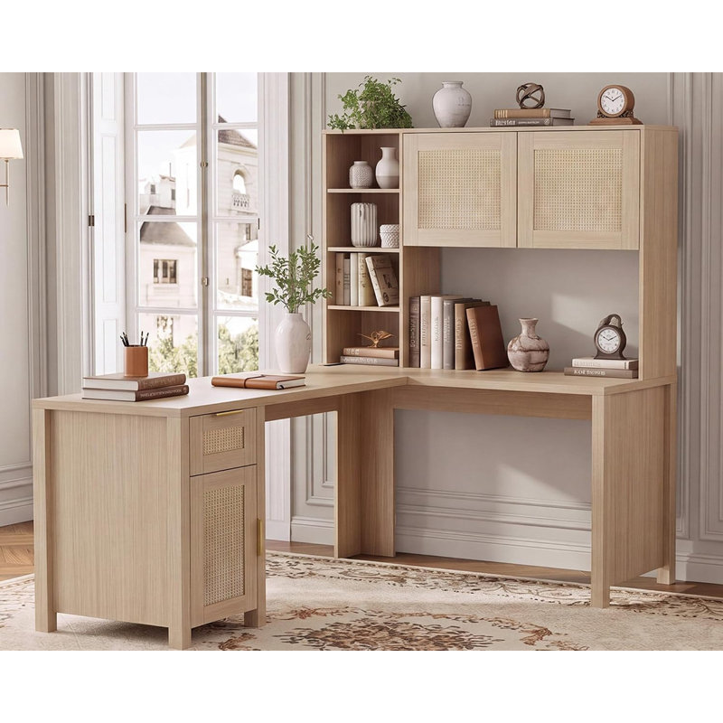 Bureau d'angle en L avec bibliothèque et station de charge, bureau à domicile en bois de 67 po avec armoire et rangement ouvert
