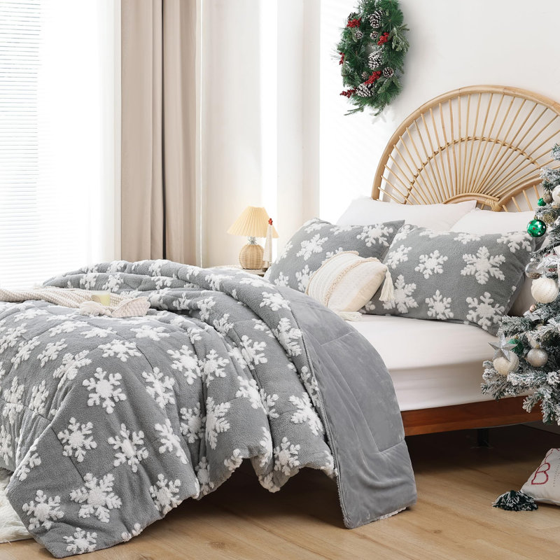 Ensemble d'édredon de Noël 3 pièces - édredon en flocon de neige blanc en 3D avec deux taies d'oreiller