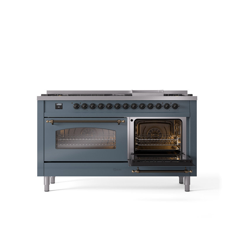 ILVE Nostalgie II 60 Dual Fuel Range, 9 Burners, Griddle, Natural Gas, Blue/Gray/Bronze