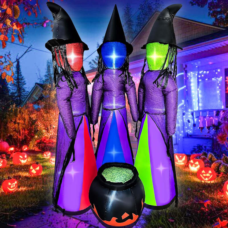 6 pieds d'Halloween gonflables 3 mains tenant des sorcières avec un chaudron soufflent des décorations d'Halloween sans visage de sorcière avec des DEL intégrées pour la maison