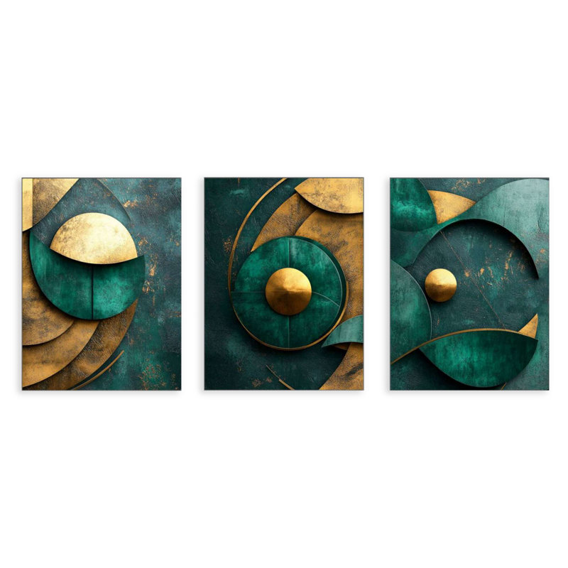 3 Piece Emerald And Gold Abstract Geometric MDF Wall Decor Set
