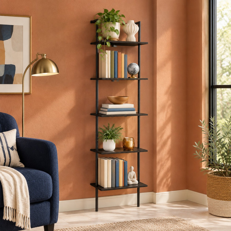 Mount this black 5-tier ladder shelf on a wall for open book and item storage. Standing 64.7" high, it assembles easily for home offices, bedrooms, or living rooms.