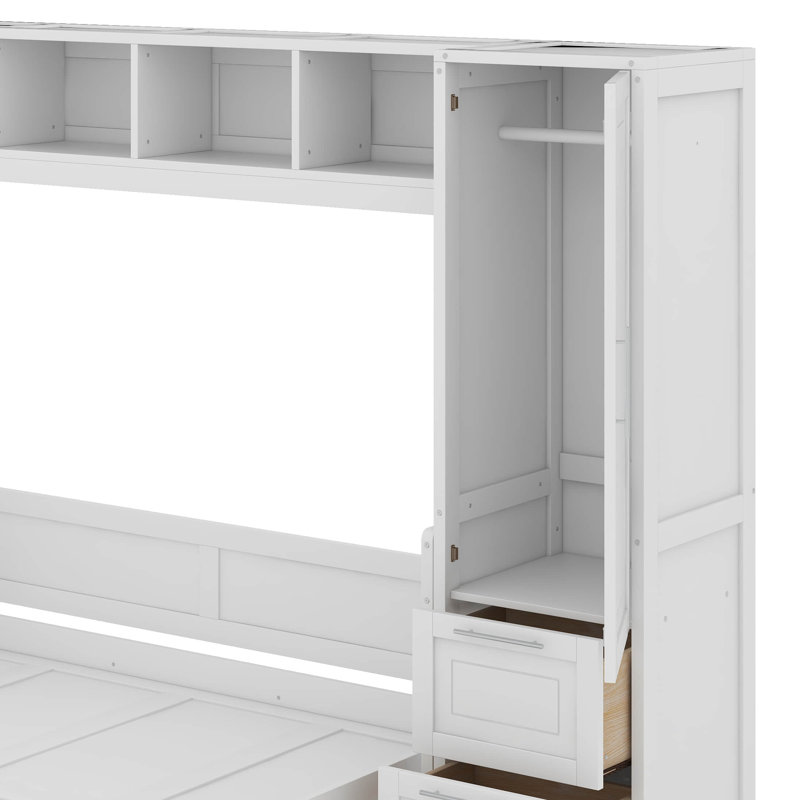 Grand lit escamotable avec placard et tiroirs, Blanc