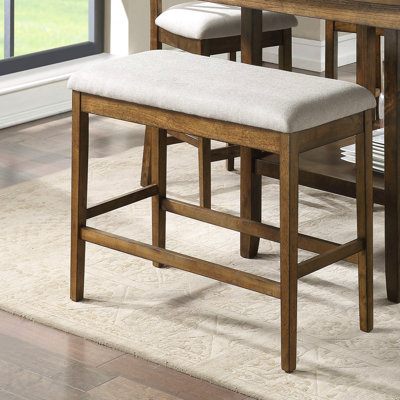 Banc en bois à hauteur de comptoir pour la salle à manger, structure revêtue de tissu teint en chêne et texturé gris avec tissu, zone de finition