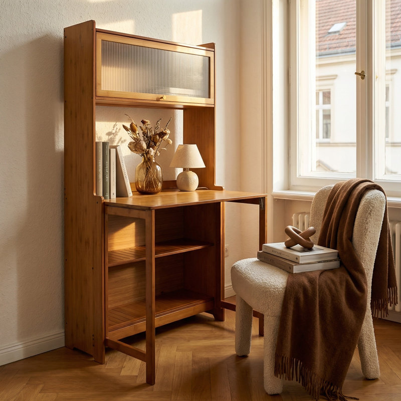 Bureau pliant fin en bambou pour petits espaces - Finition noyer, léger et facile à ranger