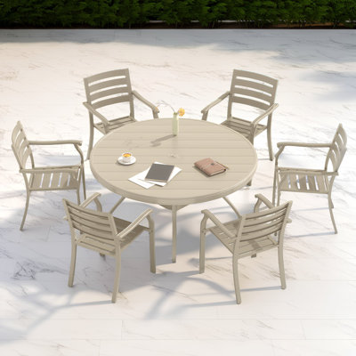 52.9" Round Outdoor Dining Set with Stackable , 7-Piece Metal Patio Set with Adjustable Umbrella Hole??