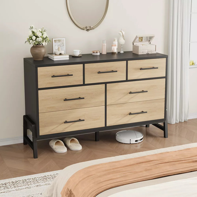 Commode à 7 tiroirs l 52 po Mangu, commode large avec rangement, commode en bois pour commode pour chambre, Anthracite