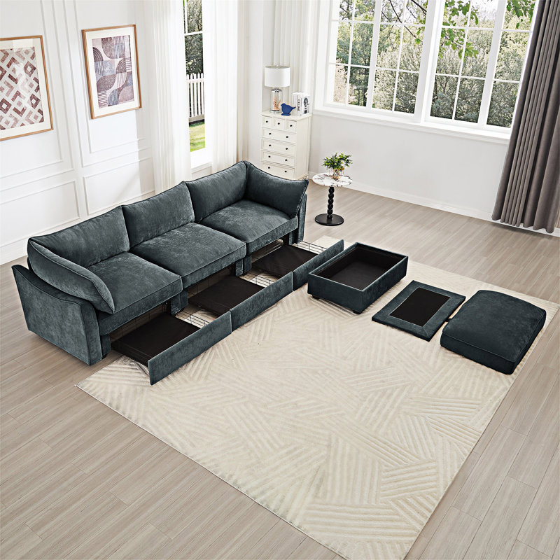 Canapé modulaire en L avec repose-pieds mobile, Gris, H 31,4 po x l 112,6 po x P 34,2 po