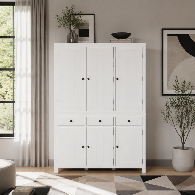 Garde-manger autoportant Farmhouse avec tablettes réglables, plateaux et tiroirs coulissants, grande armoire de rangement